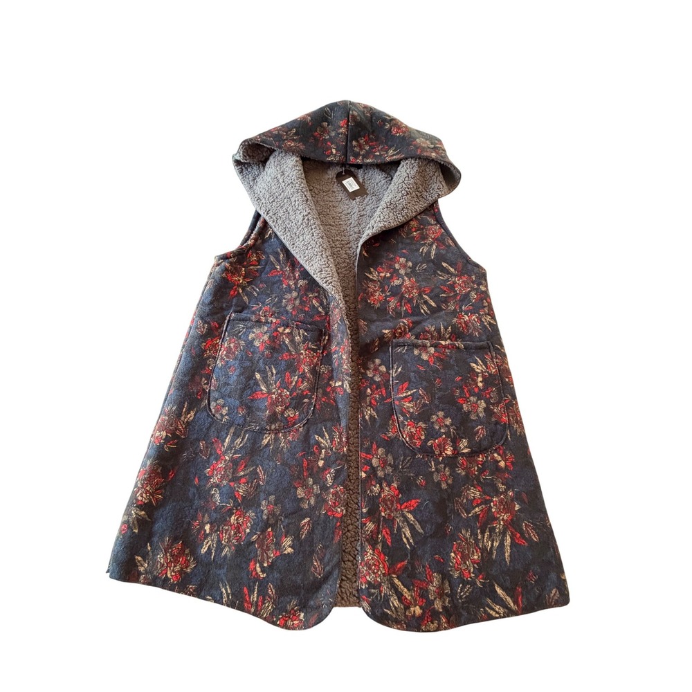 Janice Apparel Floral Hooded Vest OS Navy‎ Sherpa Lined Boho JP1695